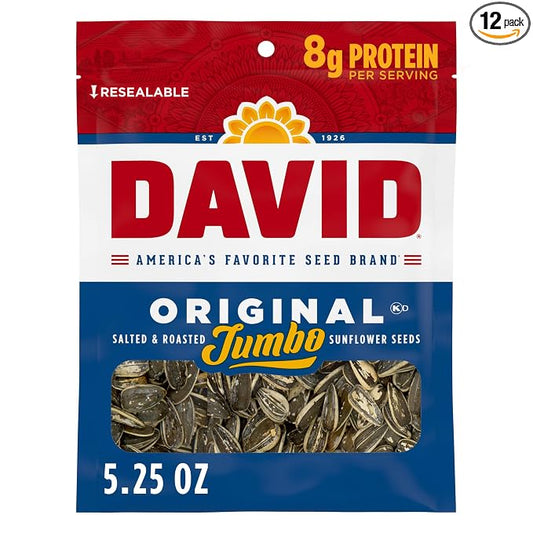 DAVID SEEDS Roasted and Salted Original Jumbo Sunflower Seeds, Keto Friendly, 5.25 Oz, 12 Pack