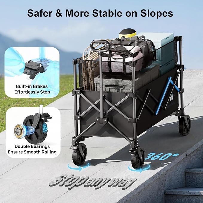 39" Collapsible Wagon Cart, 450 lbs Heavy Duty Folding Wagon with Brakes, Adjustable 150L-300L Utility Wagon with All-Terrain Wheels for Camping, Garden, Beach and Shopping