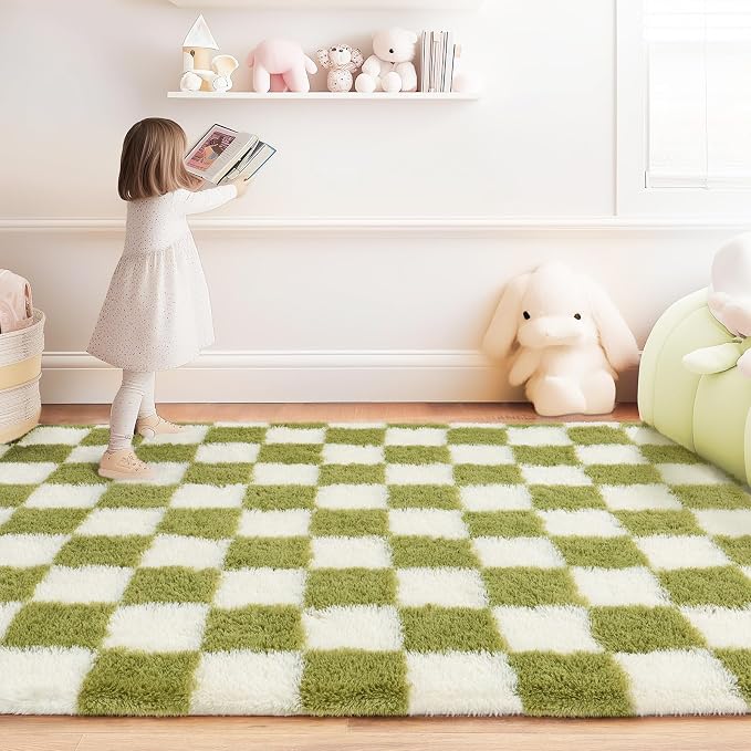 Checkered Rug for Living Room 6x9, Ultra Fluffy Fuzzy Shag Large Area Rug for Bedroom, Modern Plush Soft Upgrade Non-Slip Carpet for Kids Girls and Boys Room Dorm Home Decor, Cream and Green