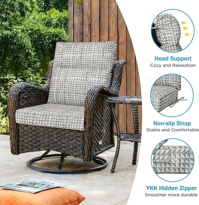 Sunbrella Outdoor Patio Chair Cushions 44x21x3.5 inch, Set of 2 Thicken Comfy Cushions for Rocker Non Slip Fade Shield Water Repellent High Back with Ties, Runa Classic