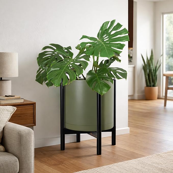 D'vine Dev Planter Pot with Stand - 16 Inch Plastic Cylinder Flower Pot with Wood Planter Holder for Indoor, Olive Pot + Ebony Stand, 55-C-Z-3