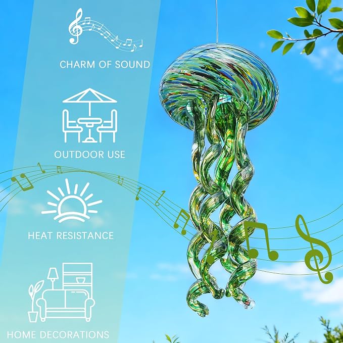 H&D HYALINE & DORA Sea Blown Glass Wind Chimes for Outside Jellyfish Wind Chimes 10 Inch Ocean Beach Themed Chime Gift Sea Glass Hanging Decor for Patio, Window & Garden