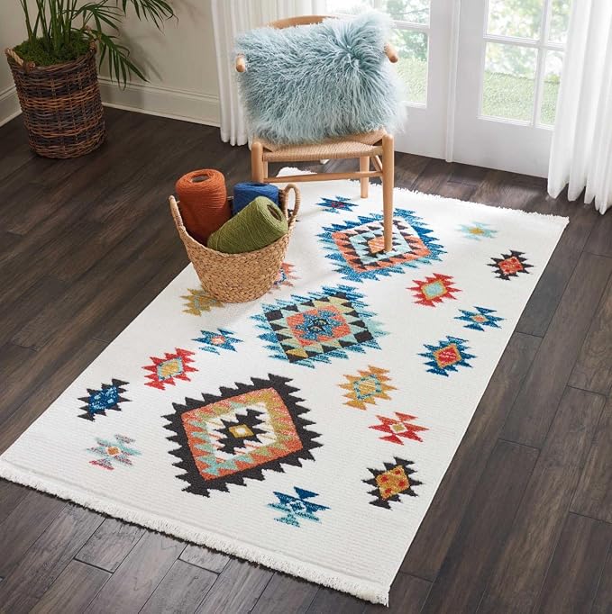 Nourison Home Tribal Decor White 3'11" x 6'2" Area Rug - Easy Clean, Non Shedding, Bed Room, Living Room, Dining Room, Kitchen (4' x 6')
