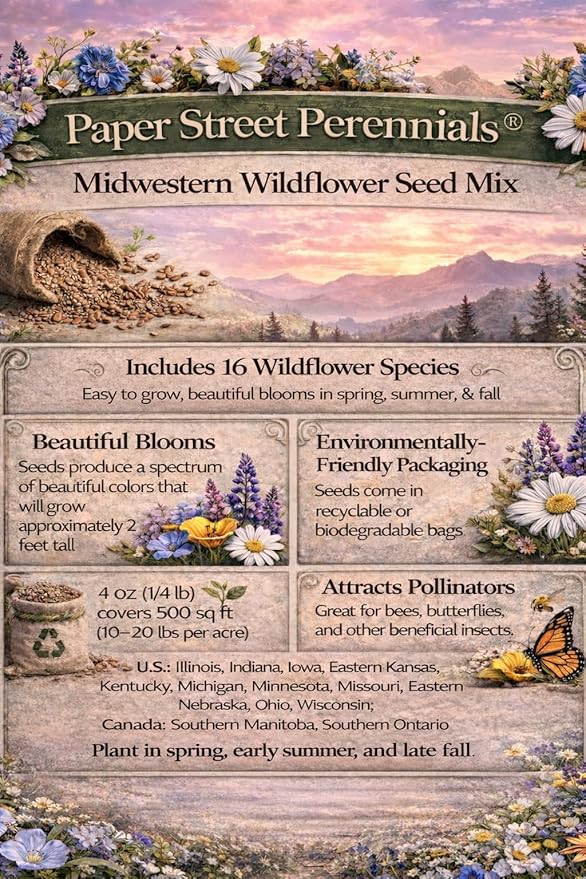 Minnesota Bulk Perennial and Annual Wildflower Seed Mix 1/4lb Covers 500sq-ft - Attract Pollinators, Multi-Color Non-GMO Blooms - Midwest US Species Plant in Spring/Fall (1/4 Pound)