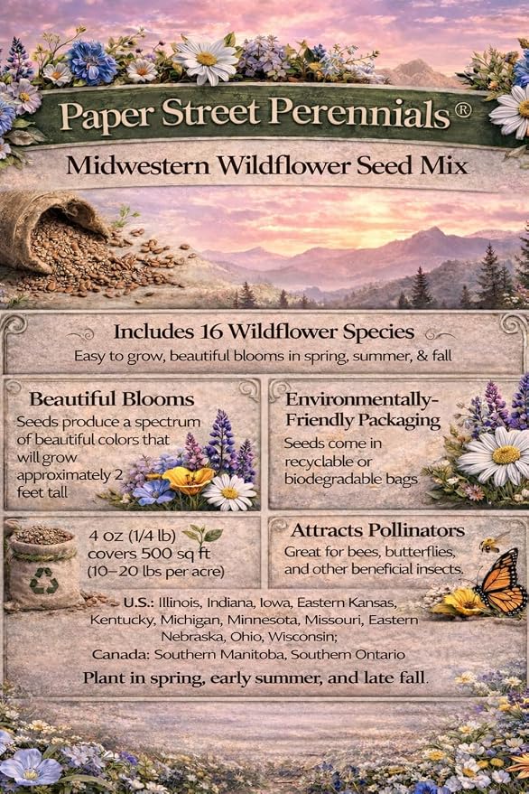 Iowa Bulk Perennial and Annual Non-GMO Wildflower Seed Mix 1/2lb Covers 1,000sq-ft - Attract Pollinators, Multi-Color Blooms - Midwest US Species Plant in Spring/Fall (1/2 Pound)
