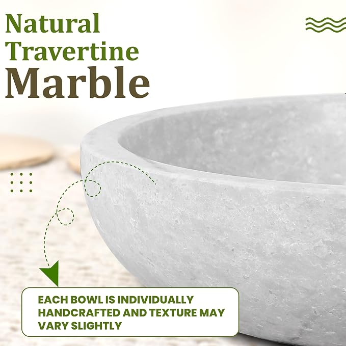 FNTSTICGOODS Travertine Decorative Bowl - 7.8” Diameter & 2” Height - Key Bowl for Entryway Table - Organic Modern Centerpiece - White/Gray