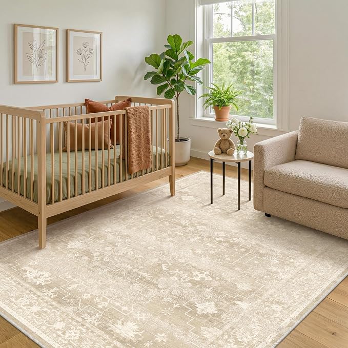 Washable 5x7 Creamy Beige and Yellow Area Rug for Bedroom, Dining Room Table, Baby Nursery, Kids Room Playroom, Shabby Chic Neutral Distressed Geometric Large Rug, Stain Resistant Low Pile Non-Slip