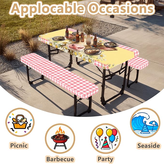 Picnic Table Cover with Bench Covers Elastic Edges, Outdoor Patio Camping Essentials 72 Inch 3PCS, Waterproof Camping Fitted Tablecloth with Handbags (Pink check daisy cow)