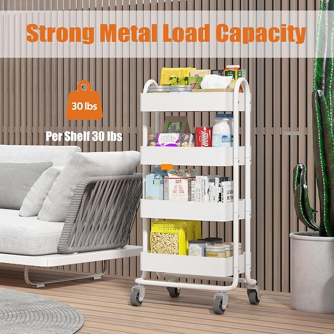 4 Tier Metal Rolling Cart with Wheels,4 Tier Utility Cart with Wheels for Office,Home,Kitchen,Garden（13.4"x18.1"x40"） White