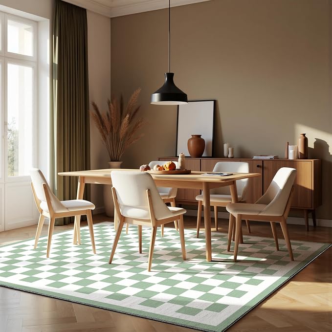 Nayoroom Sage Green Checkered 8x10 Area Rug, Soft Faux Wool Non-Slip Washable, Farmhouse Checkerboard Rug for Living Room Bedroom.