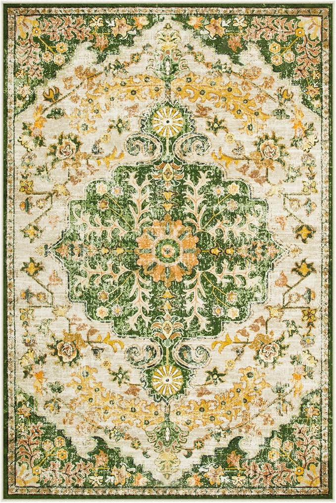 Lahome Reine Bohemian Floral Medallion Area Rug, 4x6 Soft Rugs for Living Room Washable Rugs for Bedroom, Vintage Non Slip Indoor Carpet for Apartment Dining Room Kitchen, Yellow/Green/Multi
