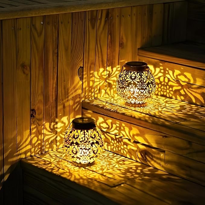 2 Pack Solar Lanterns Outdoor Gifts, IP44 Waterproof Hanging Solar Lights Decor Lamp for Garden, Patio, Pathway, Yard, Porch (Vintage Bronze Flower)