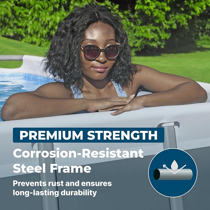Bestway Power Steel 24’ x 12' x 52” Above Ground Pool with Sand Filter Pump | Durable Rectangular Metal Frame Outdoor Backyard Pool with Puncture-Resistant Liner - Ladder and Cover Included