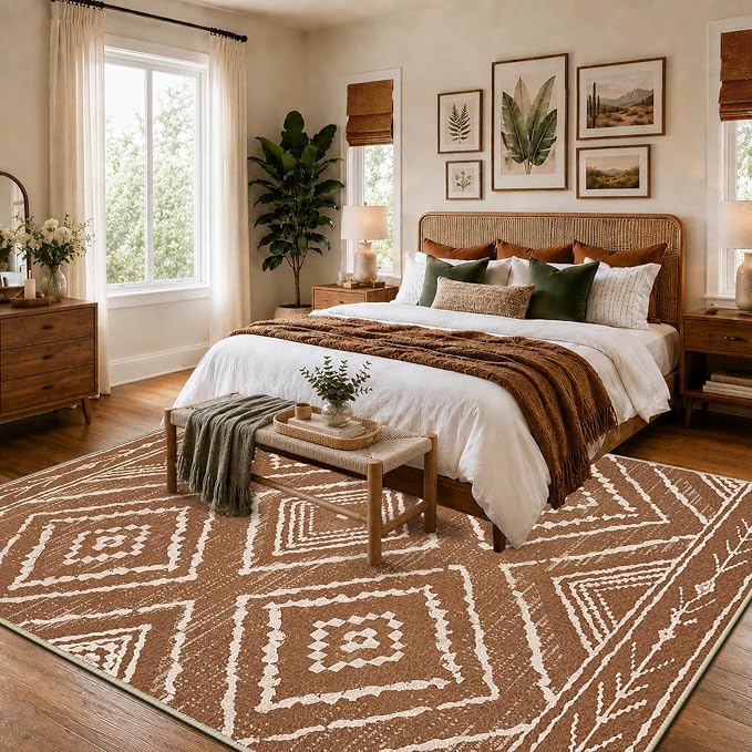 5'x7' Washable Area Rug for Living Room Bedroom Yellowbrown | Soft Western No Slip Low Pile Print Foldable Indoor for Kitchen Dining Room