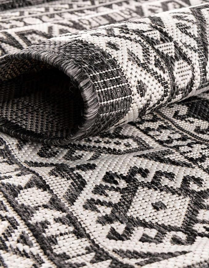 Unique Loom Outdoor Aztec Collection Area Rug - Chalca (13' Round, Charcoal Gray/ Ivory)