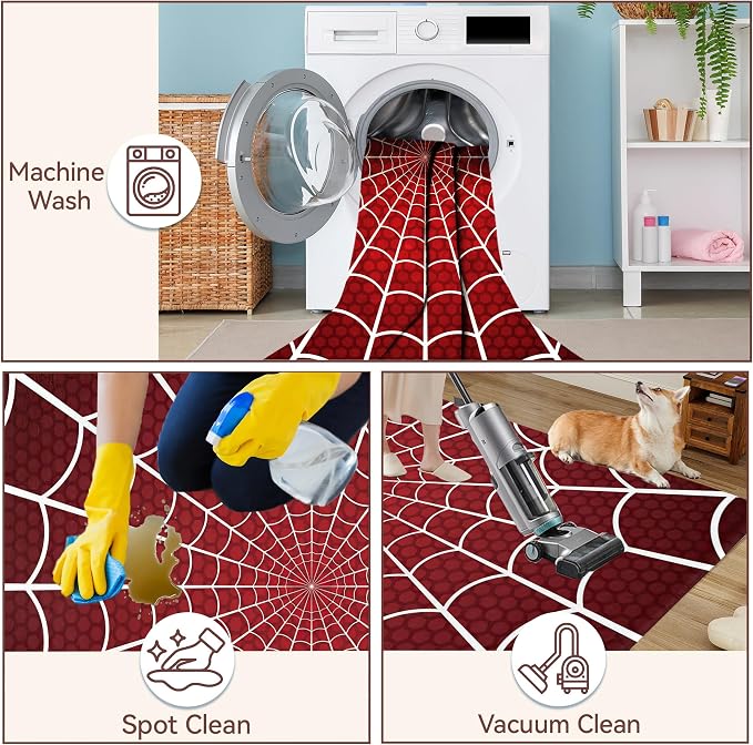 Red Spider Web Area Rugs for Living Room 5x7,Halloween Spiderweb Bedroom Rug Washable Non-Slip Soft Floor Big Carpets for Dining Room Nursery,Kids Home Decor Aesthetic