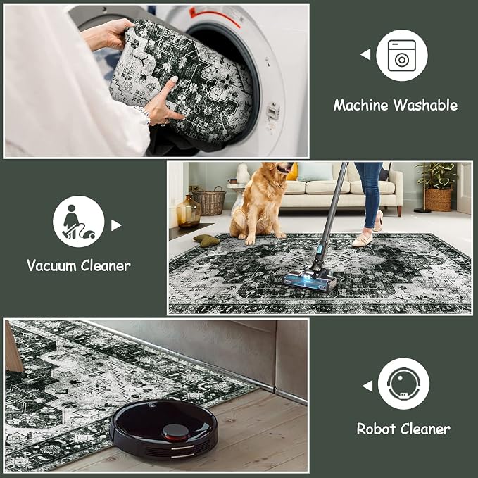 Moynesa Ultra-Thin Washable Vintage Area Rug - 3x5 Boho Entryway Rug Oriental Medallion Living Room Mat Non-Slip Non-Shedding Stain Resistant Indoor Accent Carpet for Kitchen Bedroom, Black/White