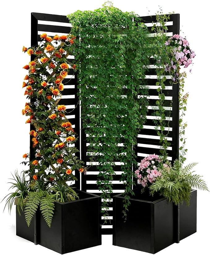 Garvee Privacy Screen with Planter Box - 3-Panel Freestanding Outdoor Room Divider, 51x70x31 Inch Metal Garden Fence with 4 Self-Draining Raised Garden Beds for Patio Deck Yard, Black