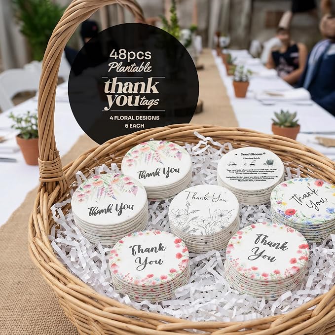 48Pcs Plantable Round Thank You Tags with Wildflower Seeds - 4 Floral Designs (12 Each) Writable Favor Tags for Birthdays, Weddings, Bridal Shower, Mom Gifts, Party Favors & Gift Wrapping