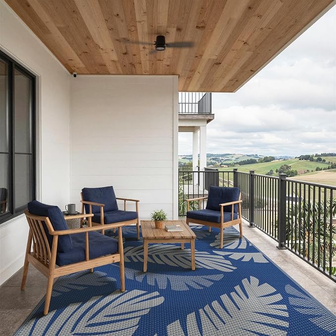 GENIMO Waterproof Outdoor Rug 6' x 9' for Patio Decor, Reversible Plastic Straw Area Rugs for Camping Clearance, RV Mat, Large Outside Carpet for Porch, Deck, Picni, Balcony, Garden, Navy Blue & Grey