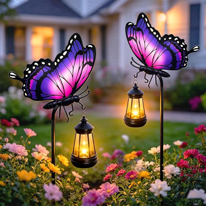 2 Pack Butterfly Solar Garden lights Outdoor Waterproof, Gift for Women Mom Grandma Daughter, Stake lights with Solar Lantern, Hanging Solar Light, Solar Path Light Yard Art Outside Patio Garden Decor