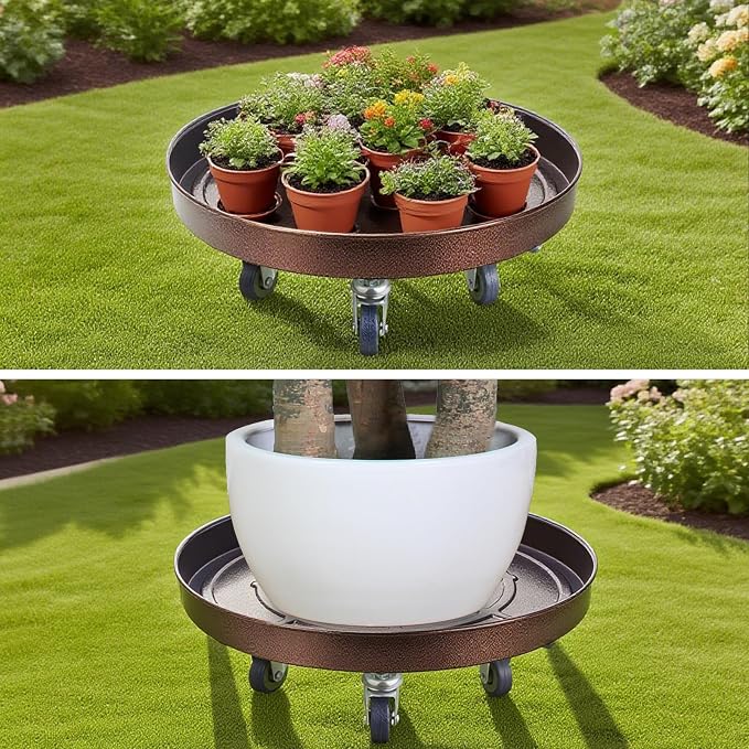 20 Inch Heavy Duty Plant Stand on Wheels, Round Plant Caddy with Wheels for Indoor & Outdoor Use, Metal Rolling Tray for Potted and Small Furniture (Copper 2 Pcs)
