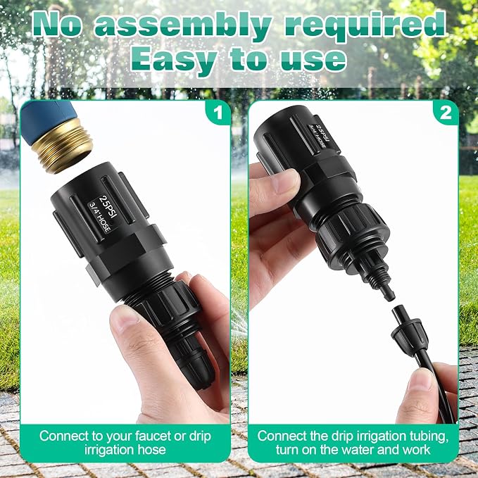 2 Set Drip Irrigation Faucet Adapter Kit, 2 Pcs 25 PSI Garden Hose Pressure Regulator, 2 Pcs 1/4'' Drip Irrigation Tubing to 3/4'' Faucet, 1 Roll Plumbing Tape