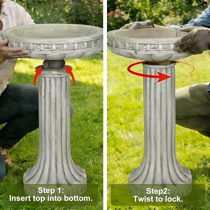 SKYFIRE 24" H Outdoor Bird Bath for Garden- Fibre Reinforced Concrete Large Bird Bath Outdoor Decor with Modern Pedestal for Garden, Patio, Yard, Lawn - 16”Dia. X 24”H Contemporary Birdbaths&Supports