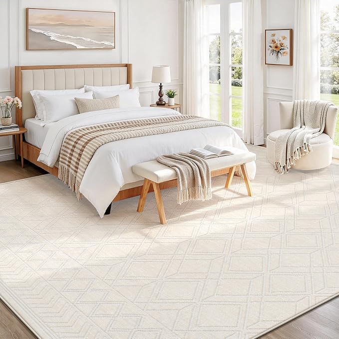 9x12 Area Rugs Washable Rug: Geometric Moroccan Farmhouse Rugs Large Living Room Rug Modern Neutral Soft Non-Slip Printed Pattern Carpet for Bedroom Dining Room Nursery Office (Beige, 9'x12')