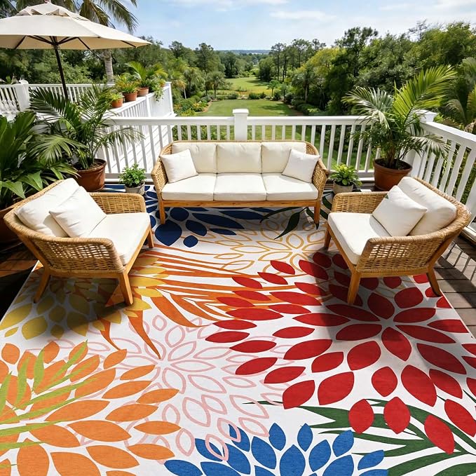 Yinhua Dahlia Floral Outdoor Rug 8x10 Colorful Indoor Outdoor Rugs Washable Patio Rug Non Slip Large Flower Area Rug Low Pile Outdoor Carpet for Patio, Deck, Porch, Balcony, Camping, Red and Blue