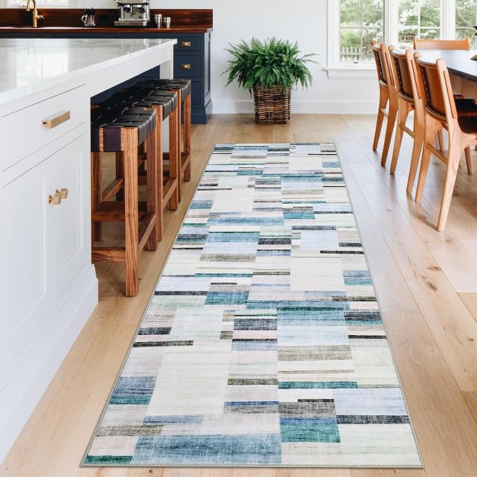 GarveeHome Washable Rug Runners for Hallways Non Slip 2x6 Modern Geometric Kitchen Rugs Farmhouse Entryway Rug Soft Bathroom Rugs Stain Resistant Carpet for Laundry Bedroom 2 ft x6 ft Blue
