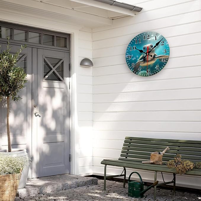 Wall Clocks Battery Operated, Cute Sea Turtle Silent Non Ticking Decorative Indoor Outdoor Wall Clocks for Living Room Kitchen Bedroom Bathroom 12"