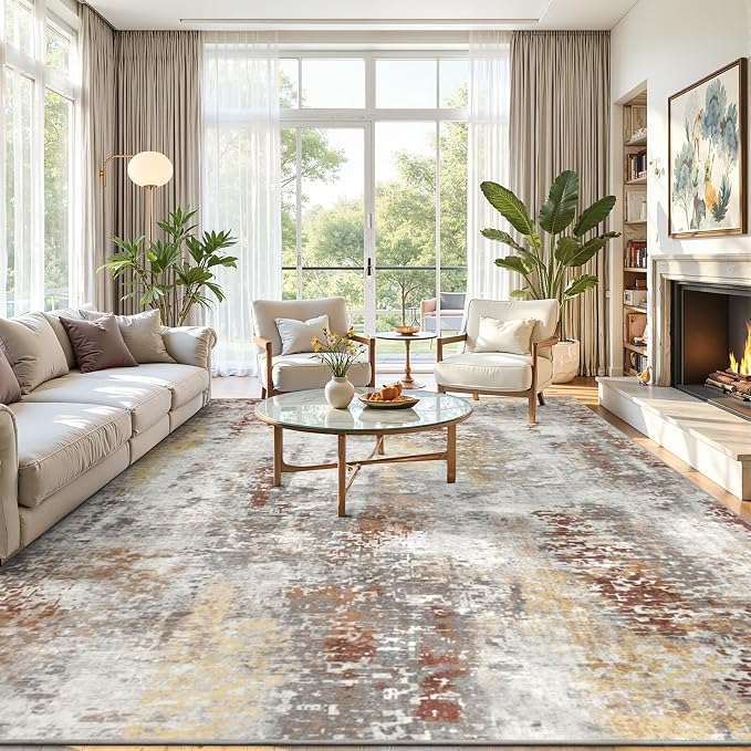 Toneed Washable 9x12 Area Rug with Non-Slip Backing for Living Room | Abstract Modern Rugs, Soft Low Pile Carpet for Bedroom Kitchen Dining Room Nursery Indoor Floor Home Decor, Taupe Grey Brown