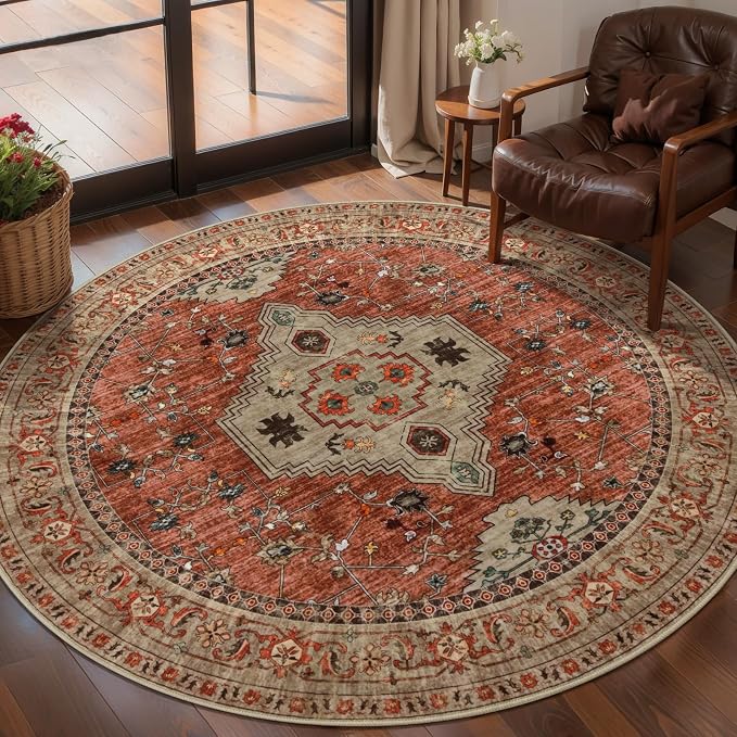 Tangsoo Boho Round Rug 4ft, Washable Non Slip Small Circle Rug Terracotta | Oriental Soft Low Pile Round Area Rug Carpet, Vintage Circular Rugs for Living Room Bedroom Entryway Dorm Office Home Decor