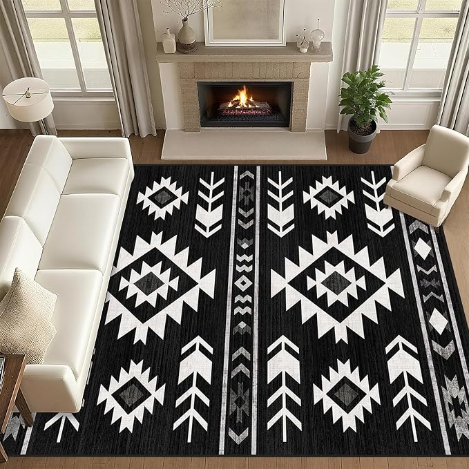 8x10 Area Rug for Living Room Western Rug Southwestern Aztec Tribal Rugs Southwest Navajo Machine Washable Non-Slip Printed Low-Pile Floor Carpet for Bedroom Dining Room Office, Black
