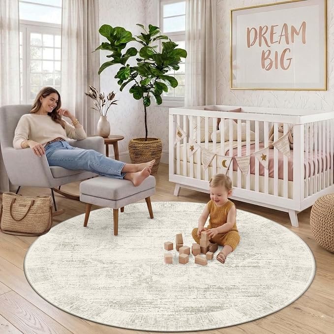 Latte&Fog 6ft Round Area Rug forBedroom Washable Circle Neutral Ivory Rug | Non Slip Low Pile Soft Floral Indoor Carpet for Living Room Kids Playroom Nursery Classroom Dorm Decor Dining Kitchen Office