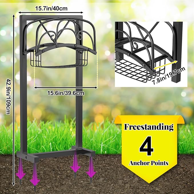 Garden Hose Holder,Heavy Duty Freestanding Detachable Storage Reel Stand,Upgraded 4 Spikes Hose Hanger for Outside Yard Lawn (curved line with Storage Basket)