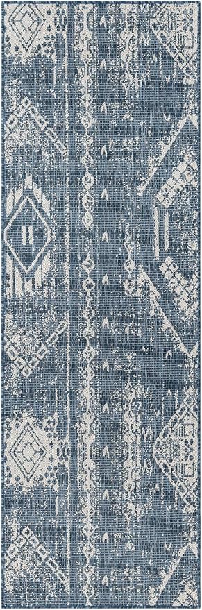 Unique Loom Outdoor Bohemian Collection Area Rug - Anthro (2' 7" x 8' Runner, Blue/ Ivory)
