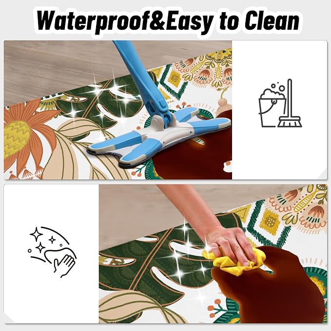 Tyrot Boho Floral Kitchen Rugs Sets of 2 Anti Fatigue Cushioned Long Kitchen Mats for Floor Farmhouse Kitchen Rugs Non Slip Waterproof Mid Century Botanical Comfort Standing Mat for Sink Laundry