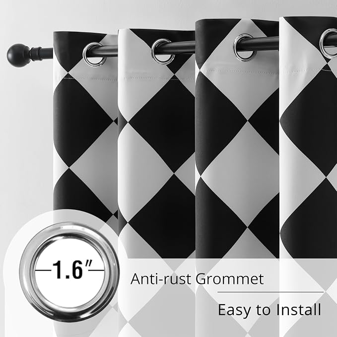 Black and White Diamond Pattern Blackout Curtains for Living Room, Modern Geometric Window Drapes, 100% Light Blocking Curtains for Bedroom, Grommet Top 52 x 84 Inches, 2 Panels