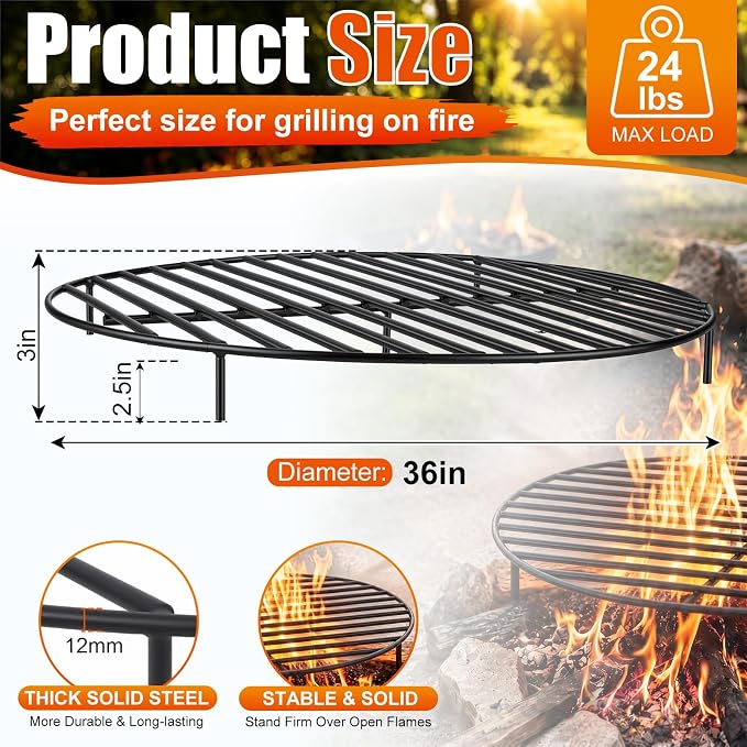 36 Inch Fire Pit Grate Round Heavy-Duty Steel Fire Pit Grate with Elevated Legs, Multi-Functional Log Holder for Fireplace Outdoor Camping, Backyard Barbecue, Cooking