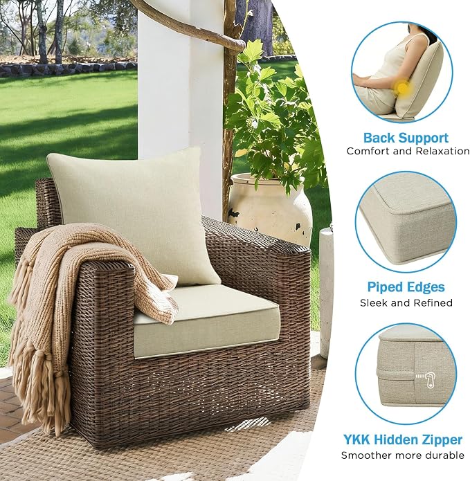 Outdoor Deep Seat & Back Cushion Set (2-Pack), 24 x 24 Inch Water Repellent and Fade Resistant Patio Furniture with Removable Cover for Outside Sofa Couch, Linenweave Tan