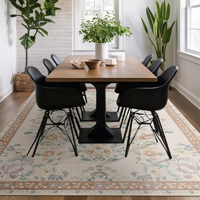 8x10 Area Rugs Washable Floral Rug Non Slip Ultra-Thin Large | Machine Washable Throw Carpet for Living Room Dining Room Bedroom Floor Indoor Low Pile Boho Vintage Beige