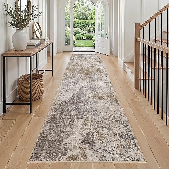 Nakagishi 3x8 Abstract Washable Area Rugs for Entryway-Brown Grey | Modern Non-Slip Silicone Backing Low Pile Soft Carpet for Bedroom Dining Decor for Families with Kids and Pets