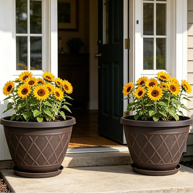 4 Pack 12 Inch Pots for Plants, Decorative Plastic Flower Pots with Drainage Hole & Saucer, Modern Large Planters for Outdoor Indoor Plants, Garden, Balcony, and Home Decor (Brown)