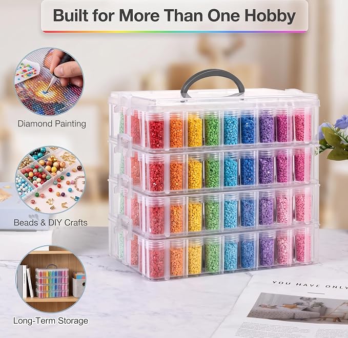 Diamond Painting Storage Container, 4-Tier Bead Organizer Box with 200 Slots, Stackable Crafts Organizers for DIY Diamond Art Accessories Craft Jewelry Bead Storage