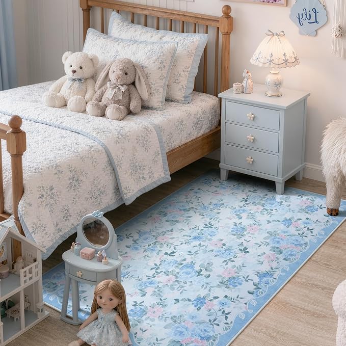 Lahome Blue Floral Bedside Rug 3x5, Low Pile Ultra-Thin Dorm Rug | Pet Friendly, Easy To Clean Non Slip Carpet For Bedside, Dorm Room, Entryway And Bedroom Decor
