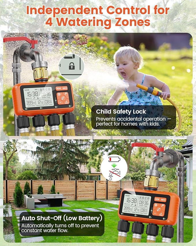 Sprinkler Timer 4 Zone with Brass Inlet Water Timer for Garden Hose Programmable Hose Faucet Controller with Independent Zone Control Custom Rain Delay Manual&Auto Watering Child Lock for Yard Lawn