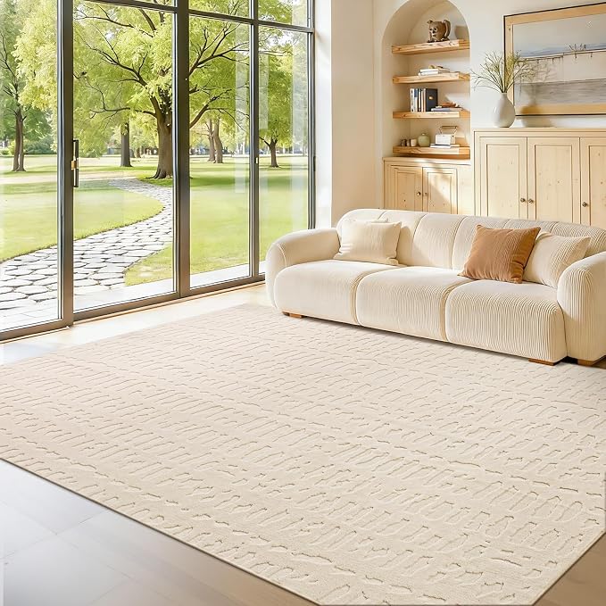 Yamaziot Washable 6x9 Area Rugs for Living Room Textured Non Slip Rug,Beige | Modern High-Low Geometric Pattern, Soft Fluffy, Neutral, Minimalist Floor Carpet for Bedroom Dining Room Nursery Kids Room
