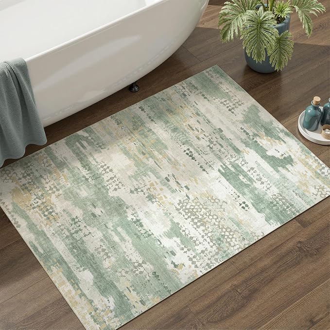 DCX Washable Abstract Area Rug 3x6, Non Slip Low Pile Rug, Sage Green | Easy to clean, non-shedding, soft, kid & pet friendly, with a non-slip rubber backing for living rooms, bedrooms, and offices